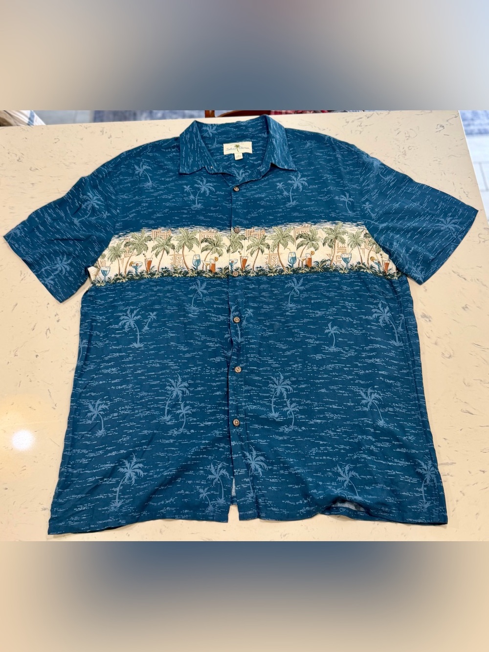 Men’s Hawaiian shirt Blue Tropical Palm 100% Rayon Button Down Island Shores XL